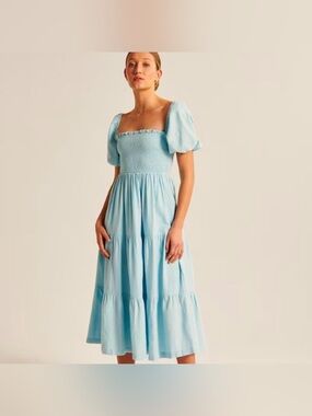 Abercrombie Emerson Light Blue Smocked Midi Dress with Puff Sleeves